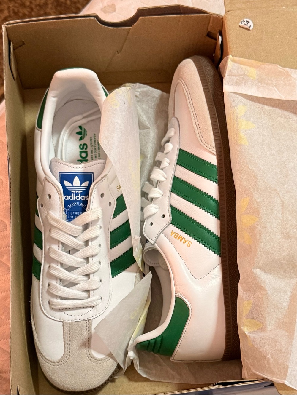 adidas Samba Sneakers in White and Green with Gum Sole